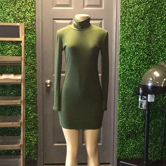 green emerald velvet dress Delilah Dark Green Turtleneck Mini Dress by Priceless